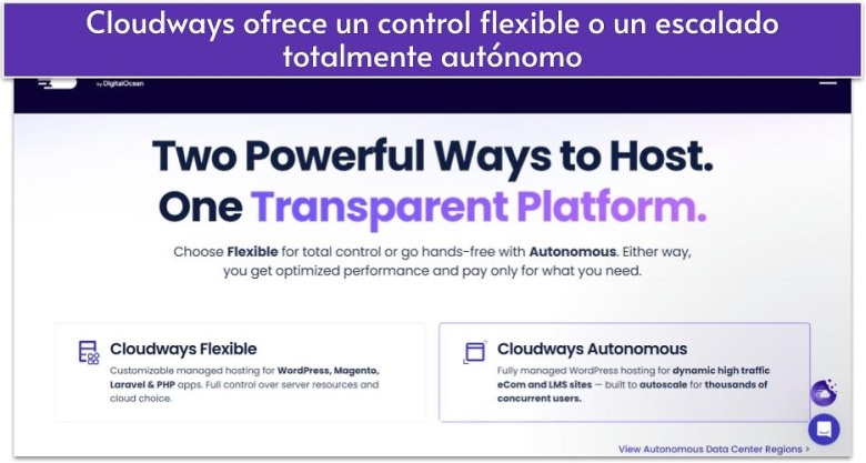 Cloudways ofrece un control flexible o un escalado totalmente autónomo
