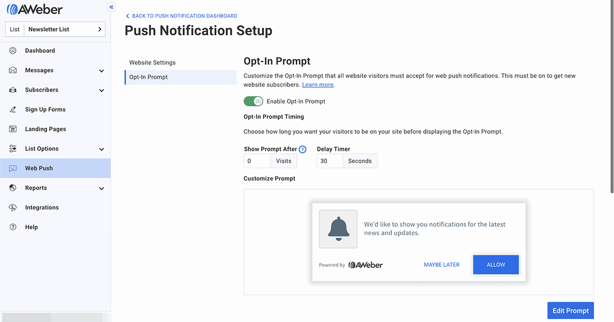 AWeber web push notification setup