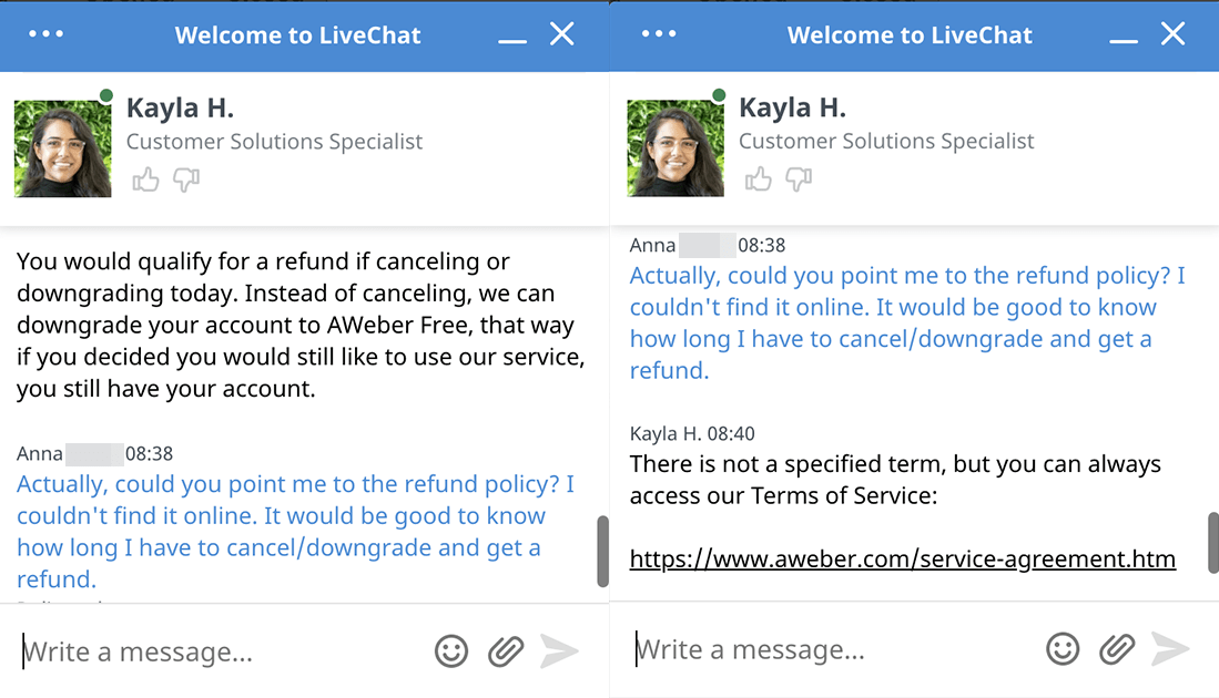 AWeber support chat - refund policy