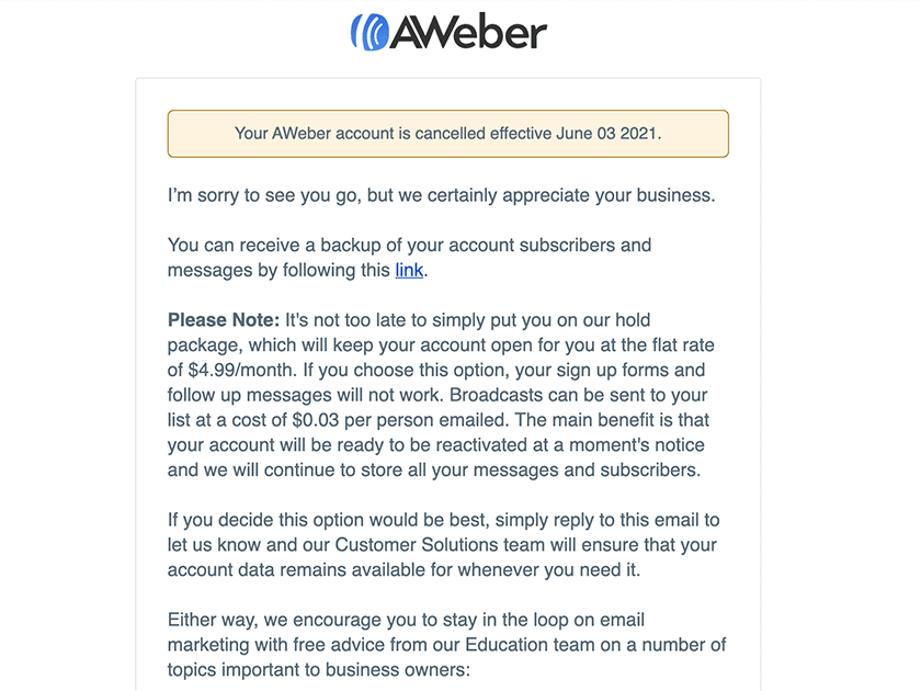 AWeber cancellation email