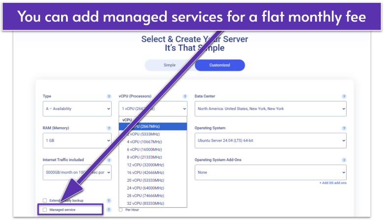 Kamatera custom server configuration screen with managed support option.
