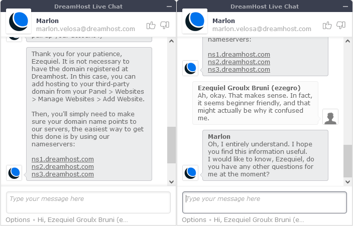 My first chat with DreamHost support
