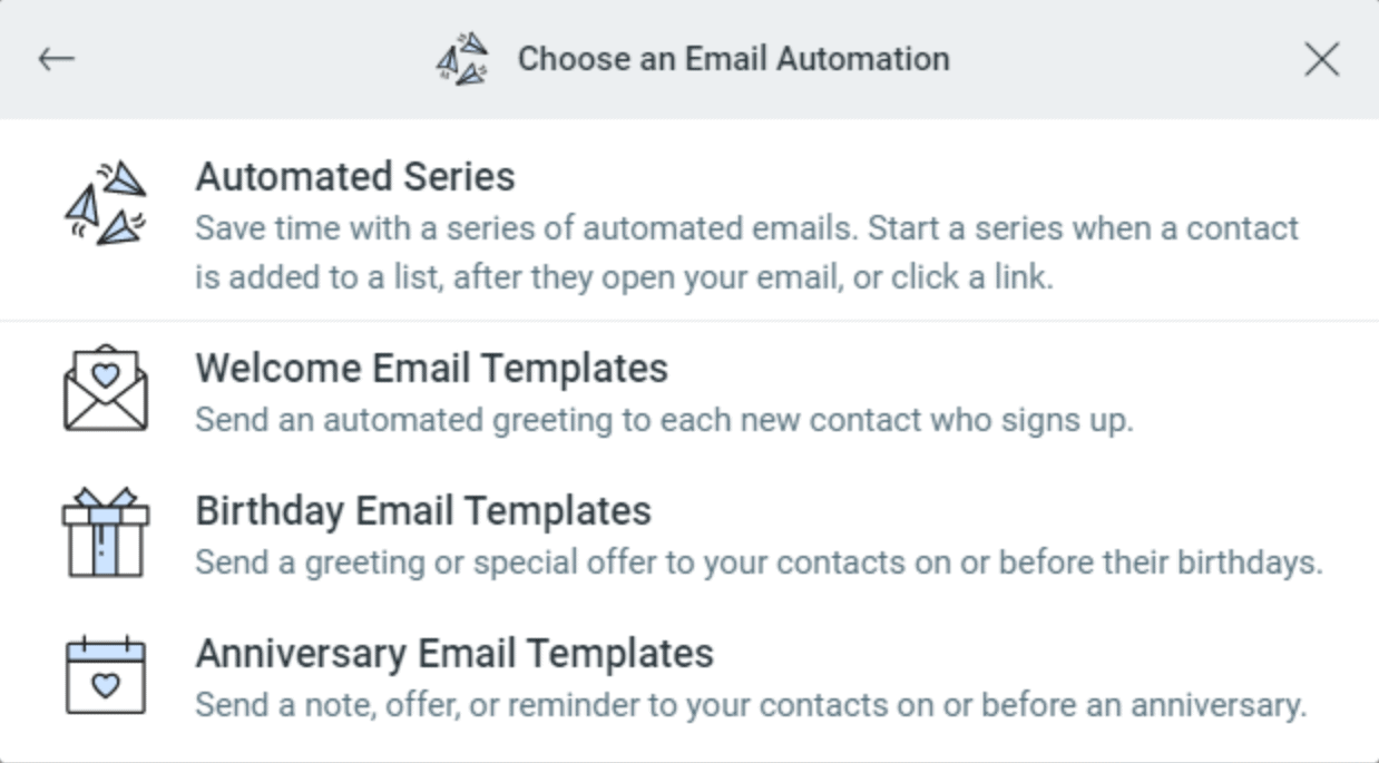 Email automation templates in Constant Contact.