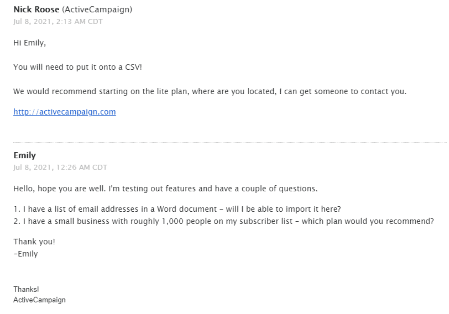 Email from ActiveCampaign tech support.