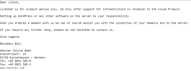 Screenshot of a Hetzner support interaction