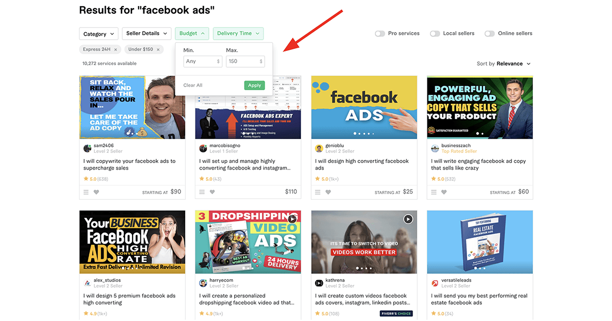 Fiverr Facebook Ads experts with search filter