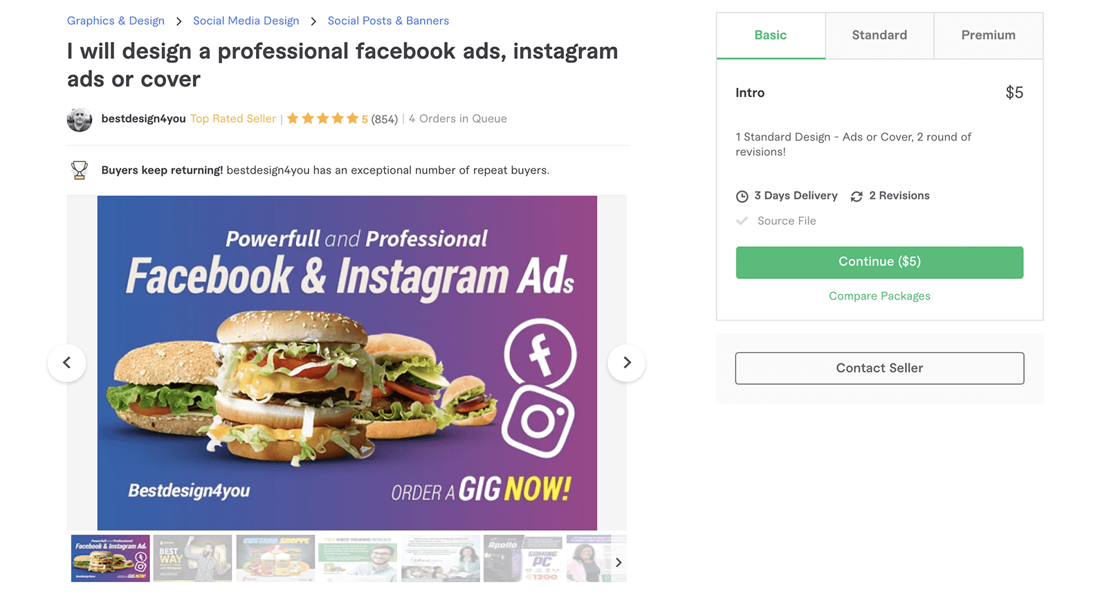 Fiverr Facebook Ads gig page