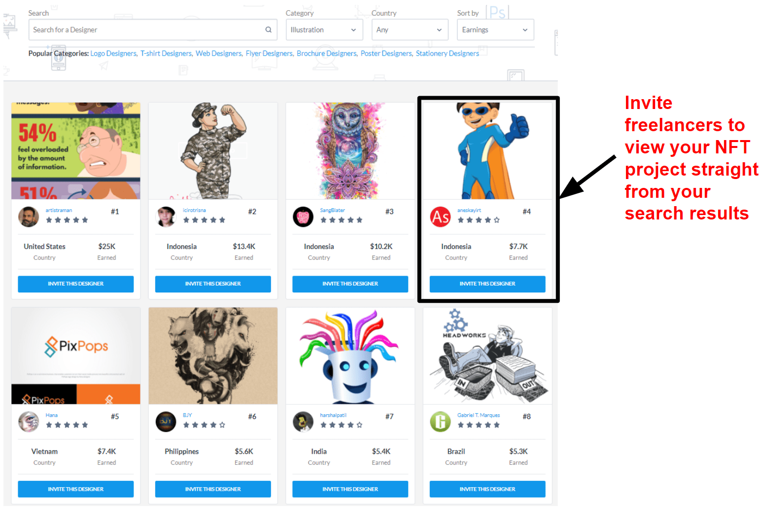 DesignCrowd's illustration search page