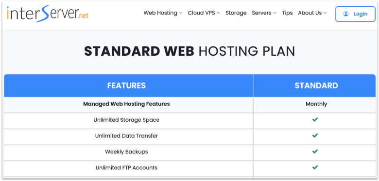 InterServer's website showing features on its shared hosting plan.