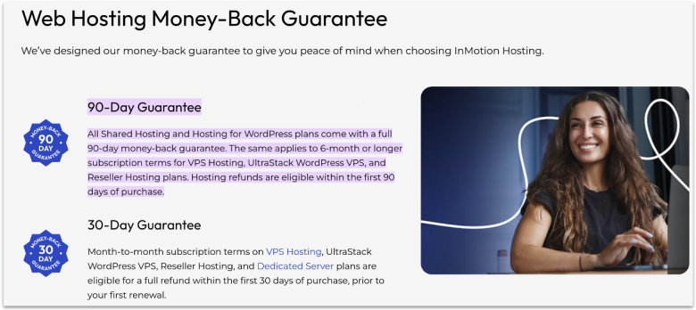 InMotion Hosting's website showing its 90-day money-back guarantee on its web hosting plans.