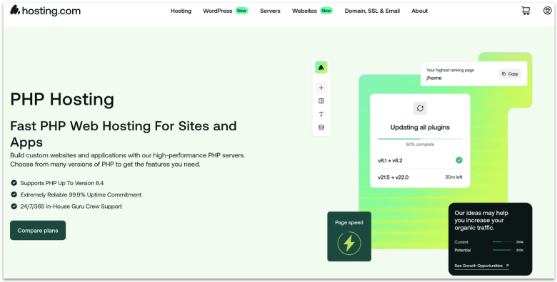 Hosting.com's website showing its PHP hosting features.