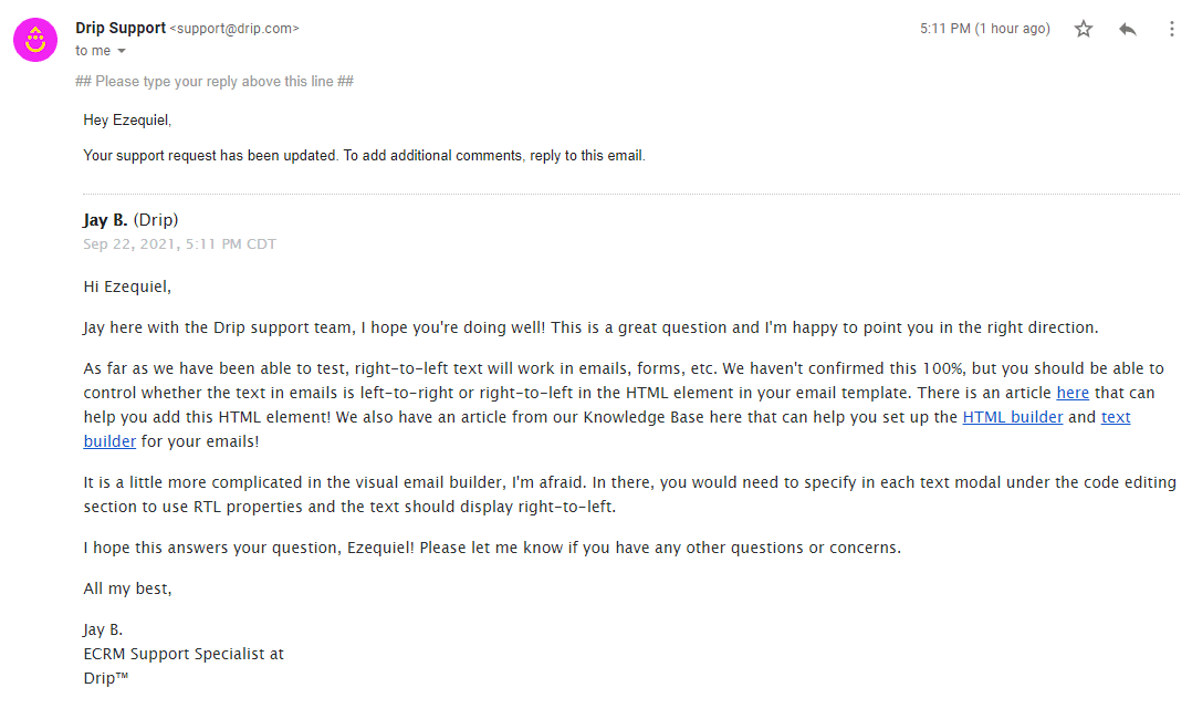 my first support email from Drip