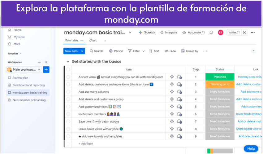 Explora la plataforma con la plantilla de formación de monday