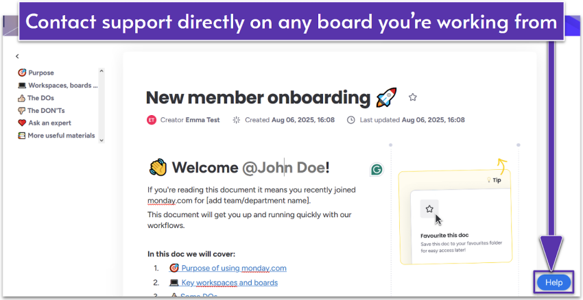 monday.com's help button highlighted on board view.