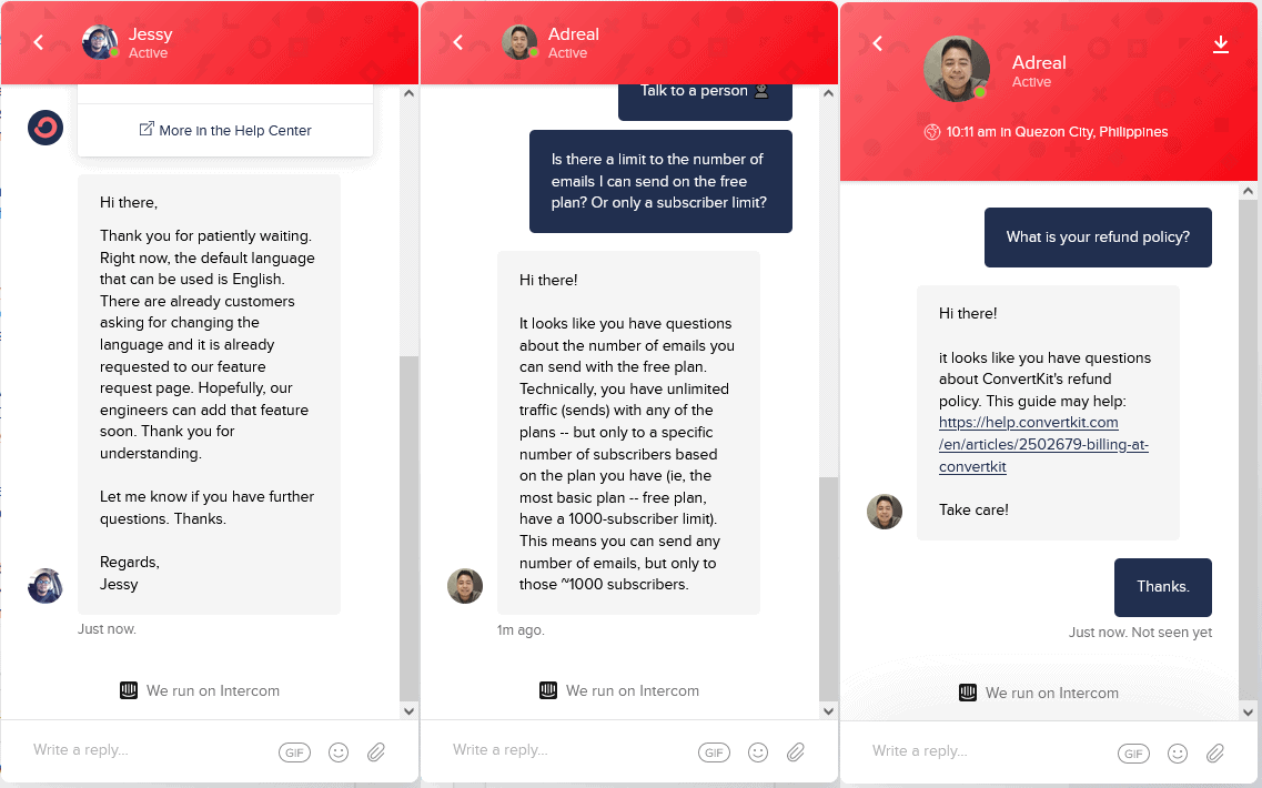 my support conversations with ConvertKit