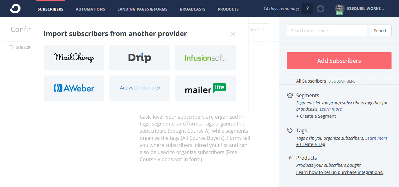 the "import from another provider" screen