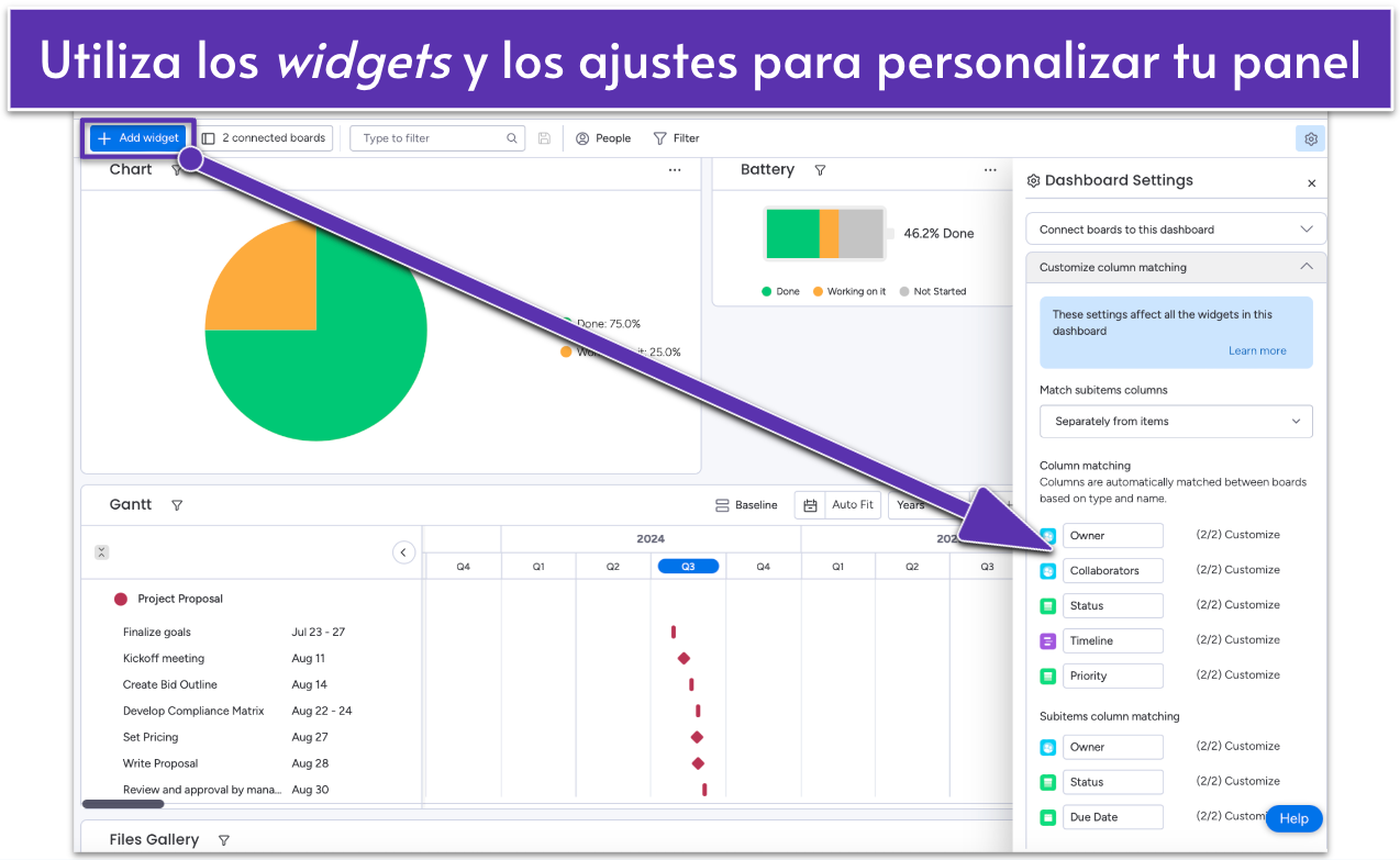 monday.com team dashboard with widgets