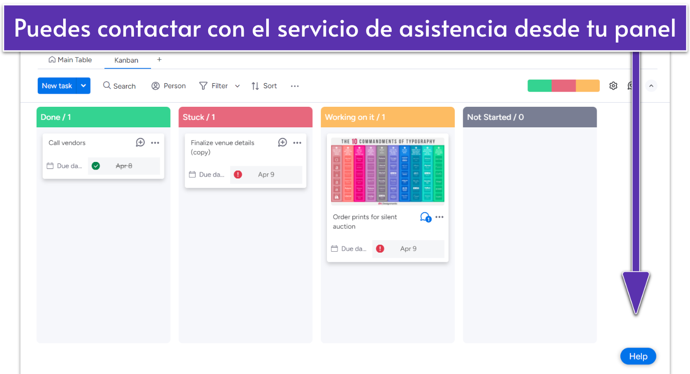 monday.com dashboard with Help button