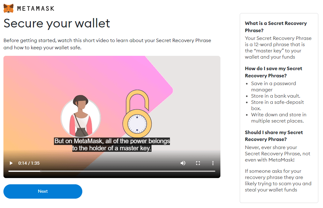 MetaMask setup - security step