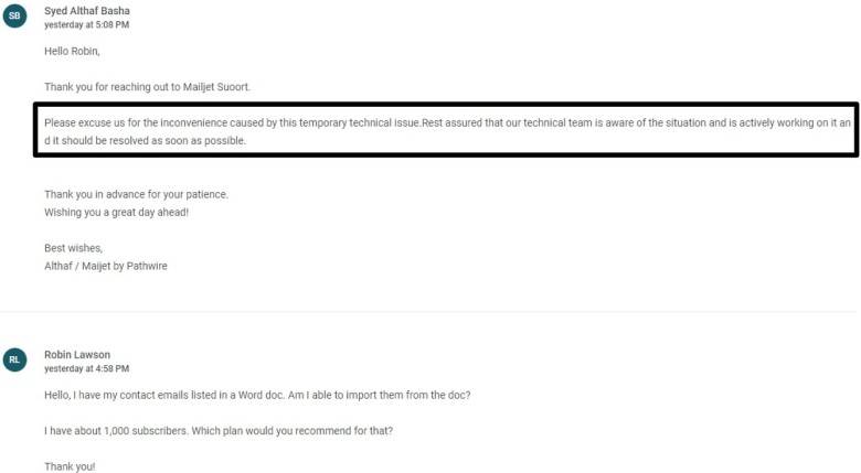 Mailjet customer support email conversation