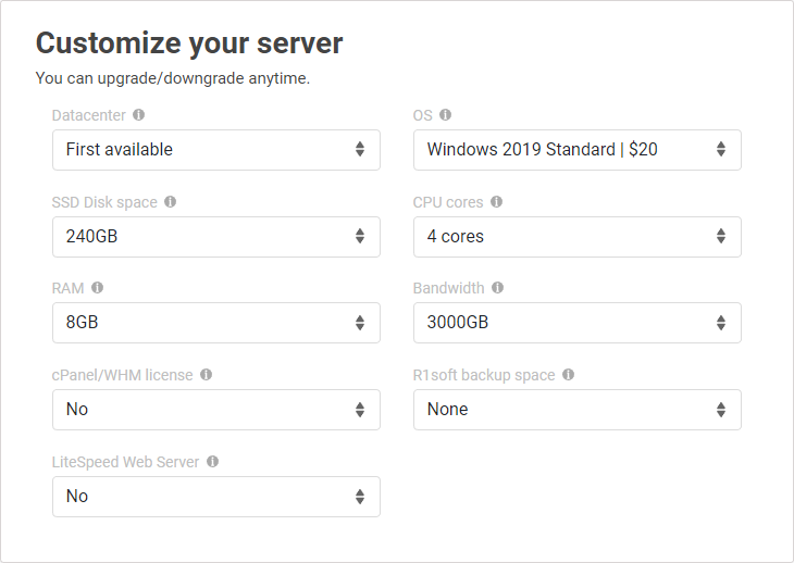 Screenshot of Scala Hosting's VPS creation interface