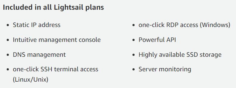 Amazon Lightsail feature list