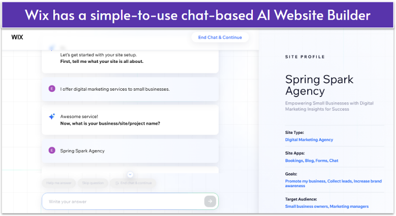 Wix's AI Website Builder chatbox.