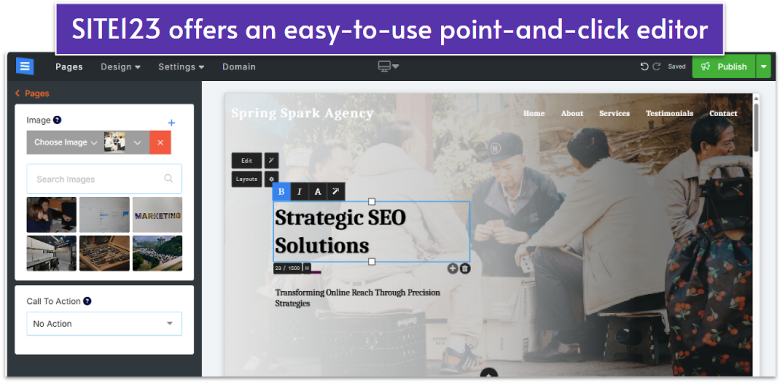 SITE123 website editor interface.
