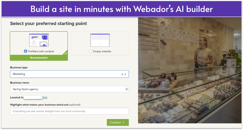 Webador's AI website builder interface.