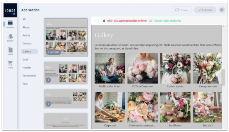 IONOS website builder pre-built sections.