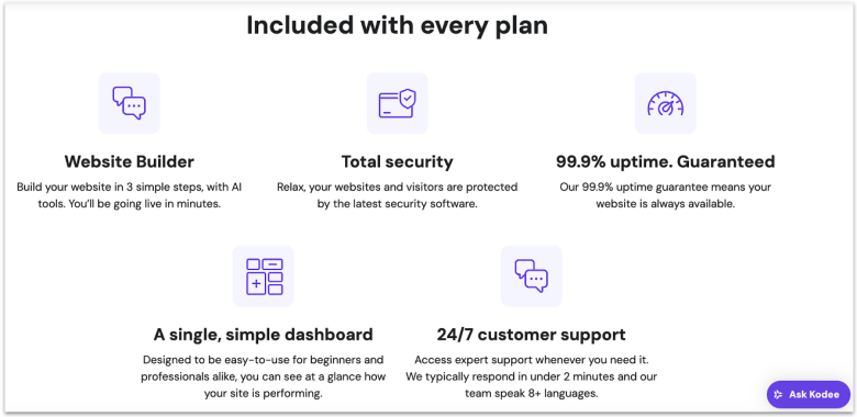 Hostinger's official website showing all the features on its shared hosting plans.