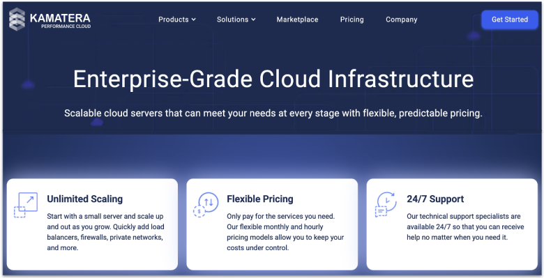 Kamatera's website mentioning its scalable cloud servers, flexible pricing, and other features.