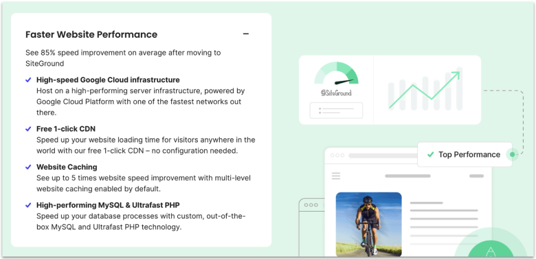 SiteGround's performance features on its official website.