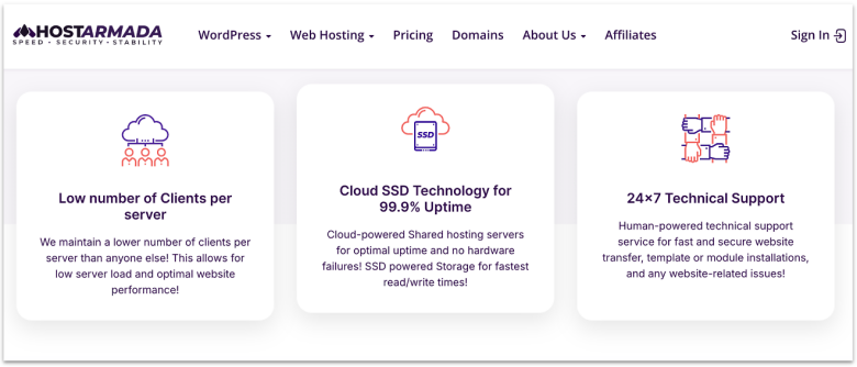HostArmada's shared hosting features given on its website.
