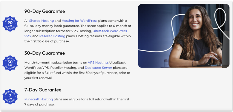 InMotion Hosting's money-back guarantee across plans stated on its official website.