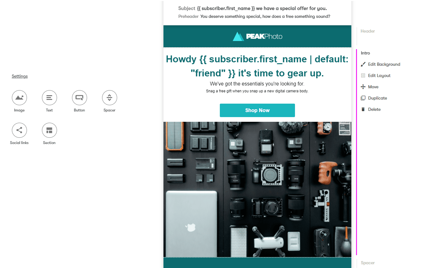 Drip's drag-and-drop email editor