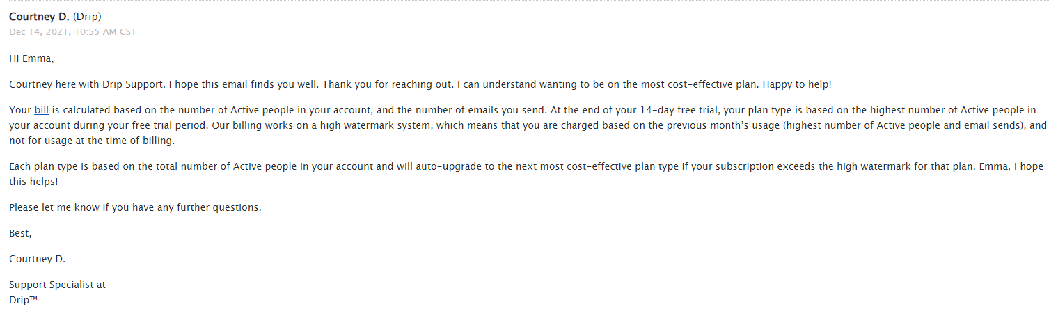 Drip's email customer service