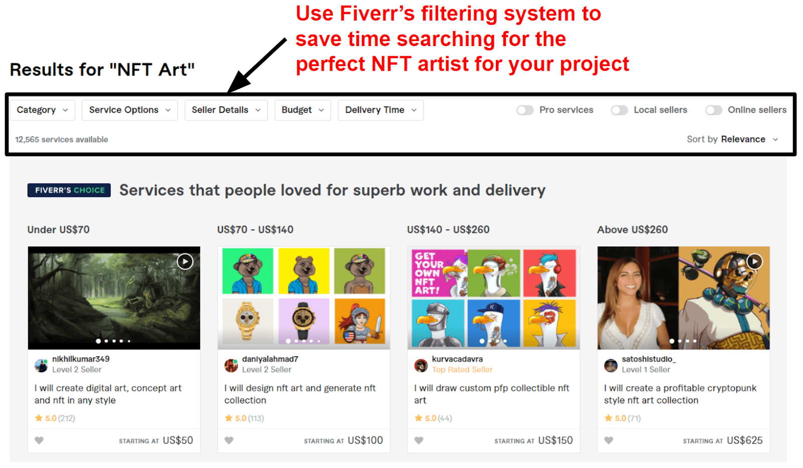 Searching for NFT art on Fiverr
