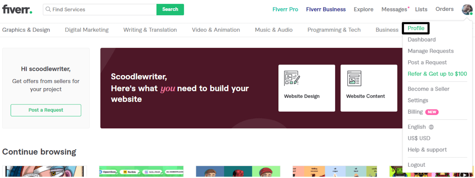 Your Fiverr dashboard