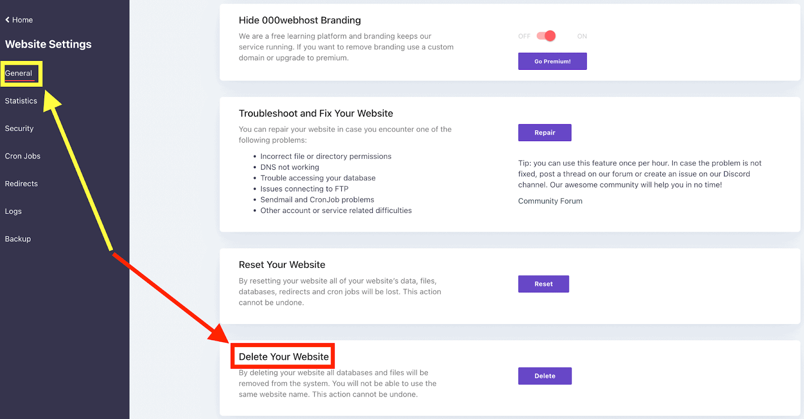 Location of the Delete Your Website section, under Website Settings