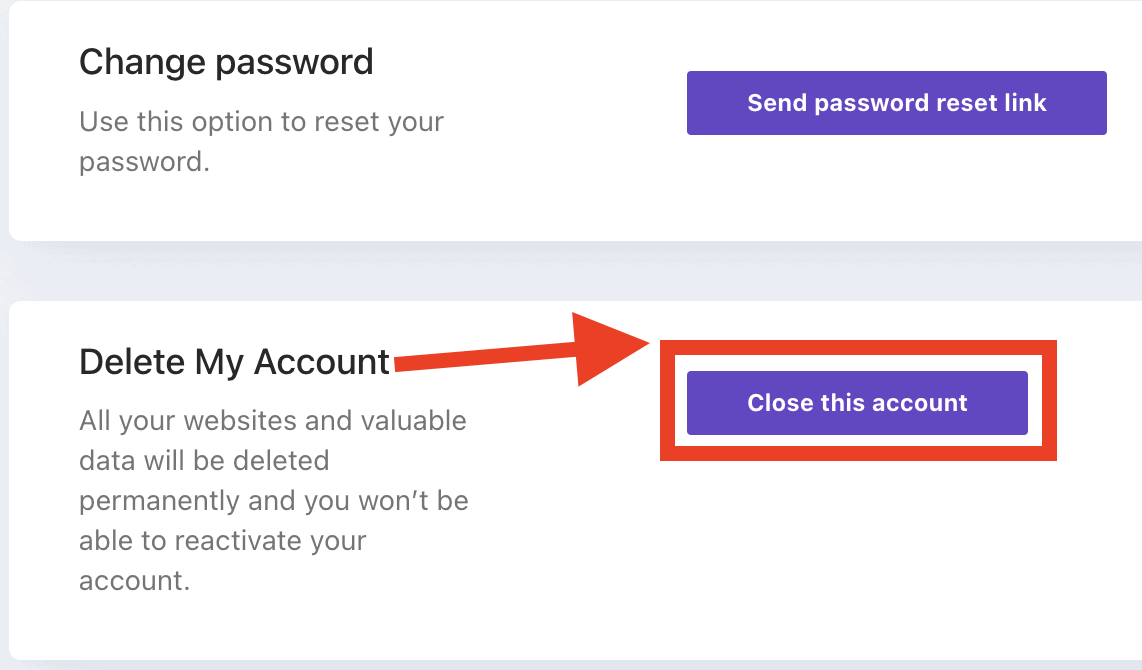 The button to click when you are ready to close your 000webhost account