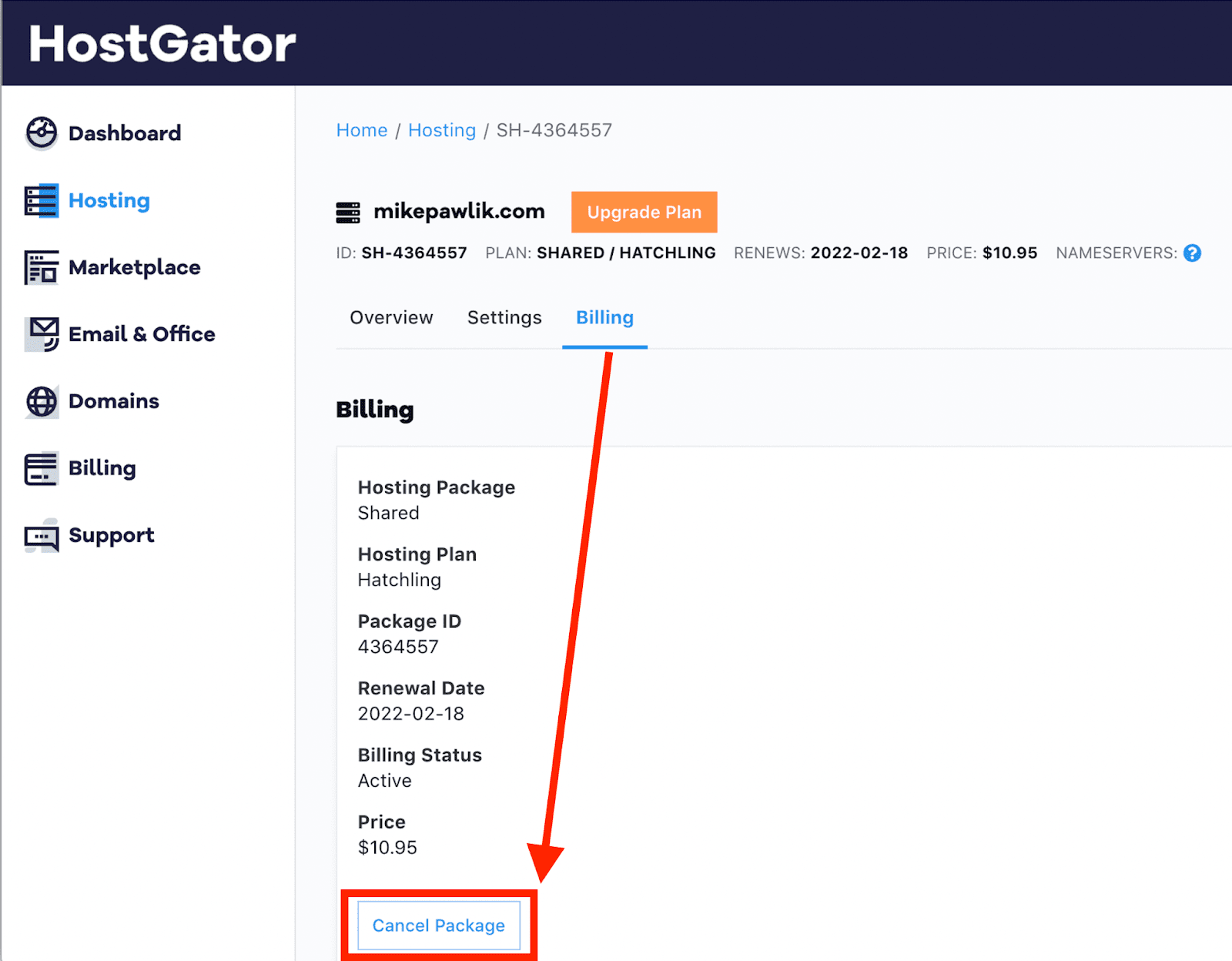 HostGator, cancel package