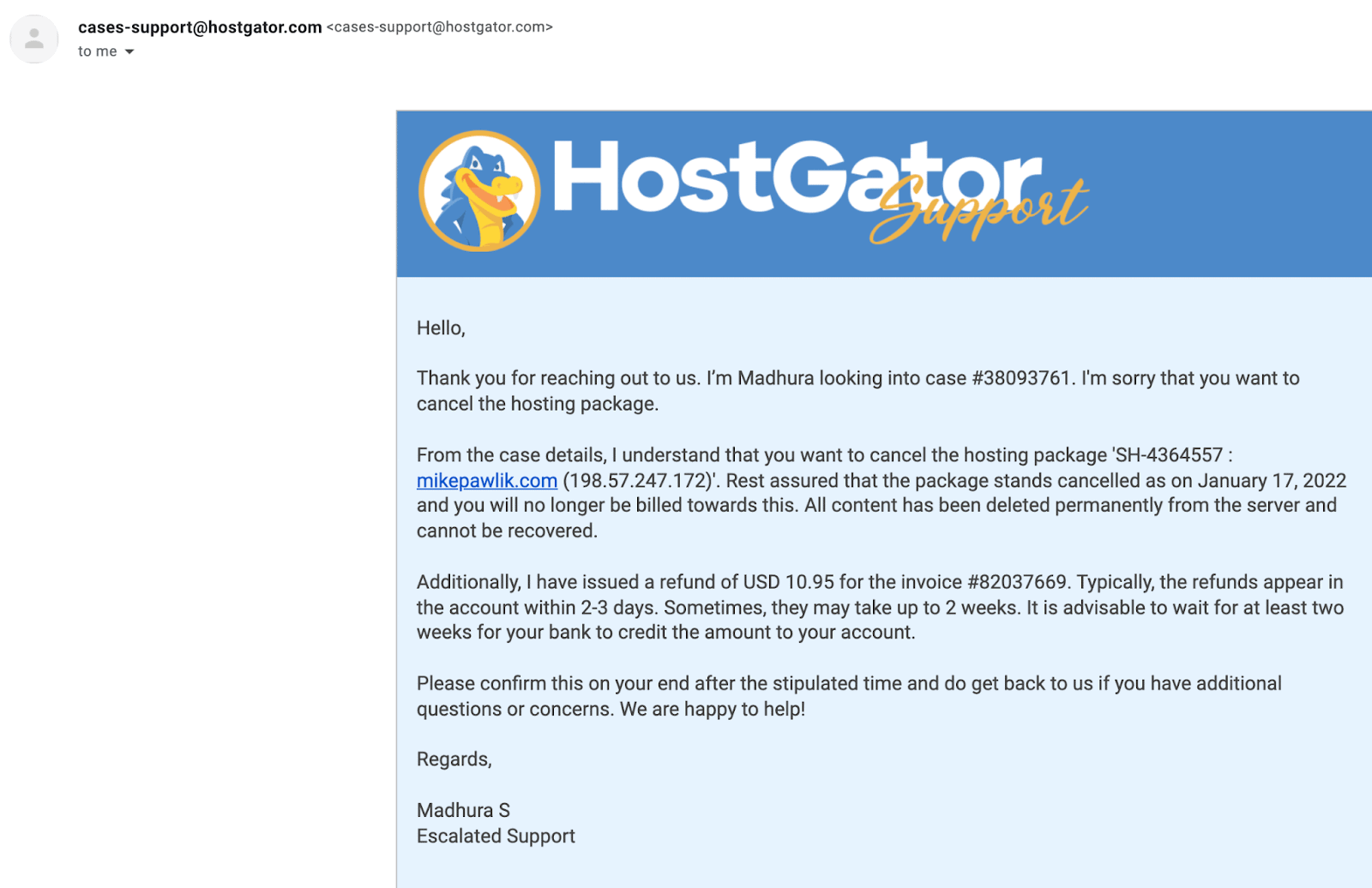 HostGator, confirmation of cancellation