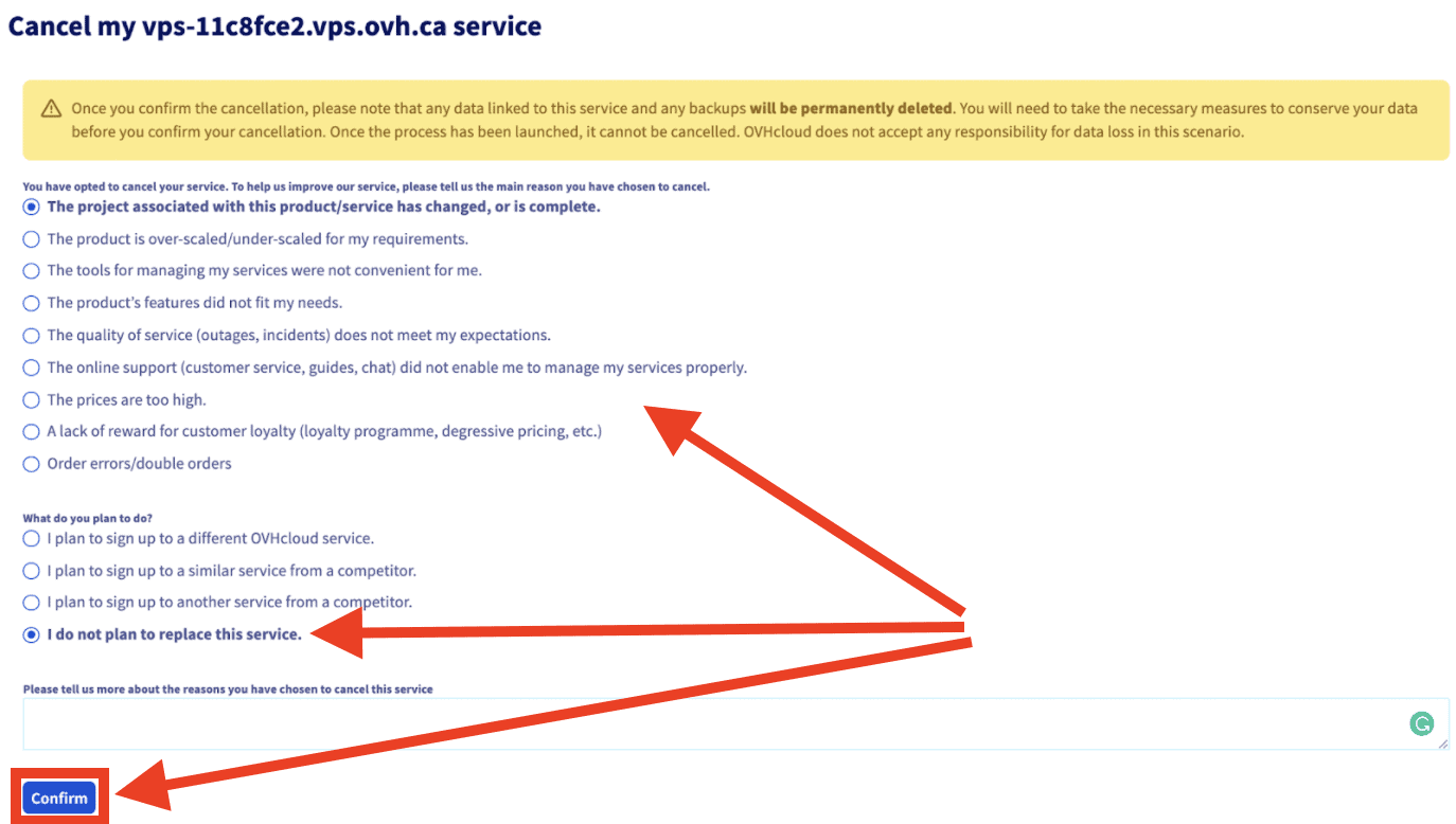 OVH, confirm cancellation