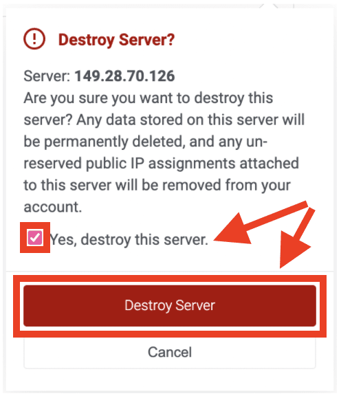 Confirming destruction of the server instance