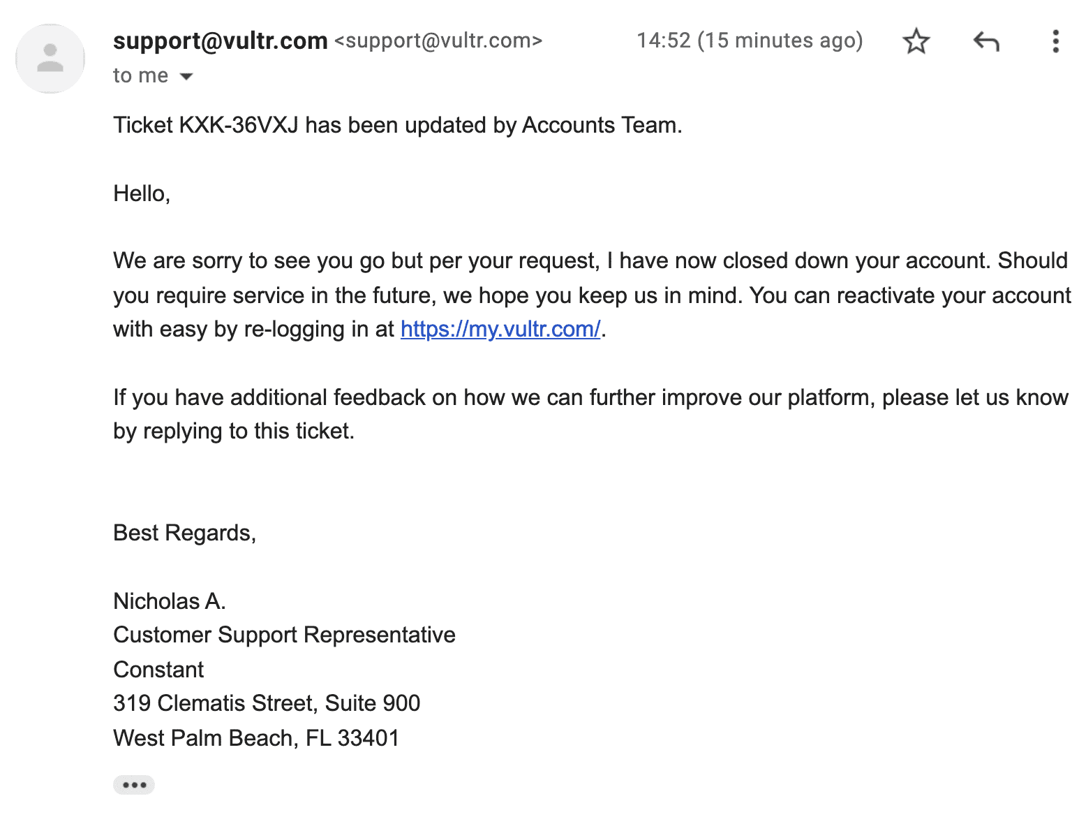 Vultr, support email reply