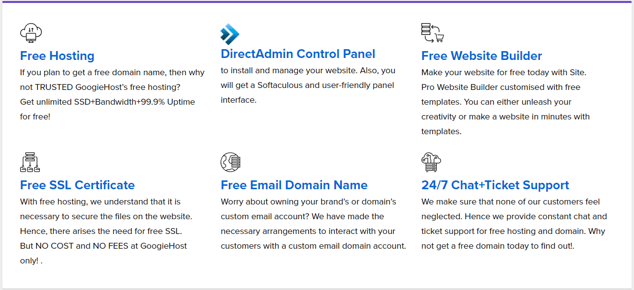 GoogieHost free hosting features