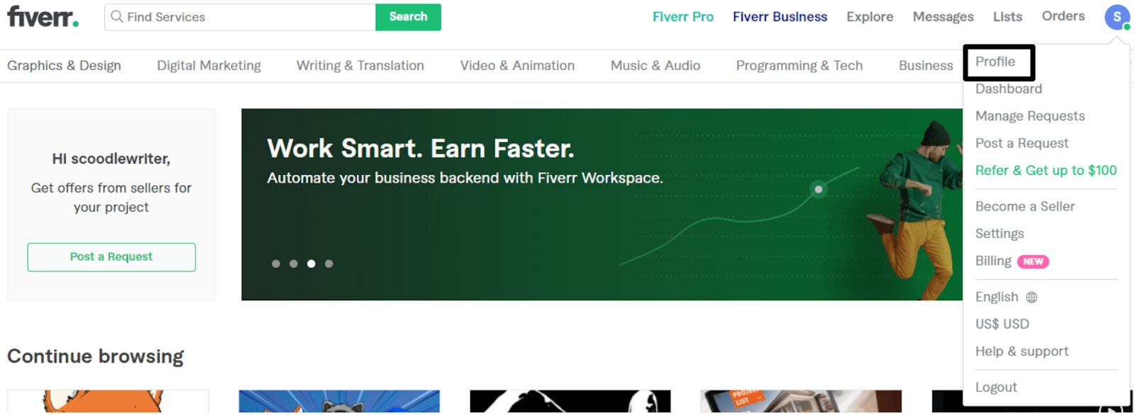 Fiverr user dashboard