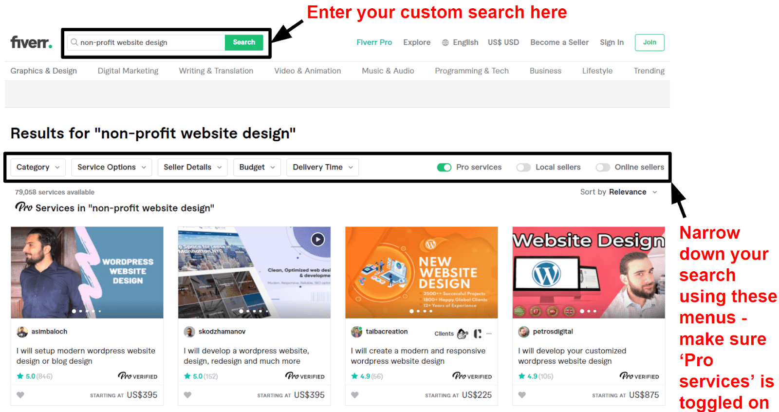 Searching for non-profit website designers on Fiverr