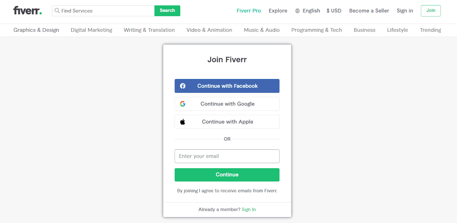 Fiverr sign up page
